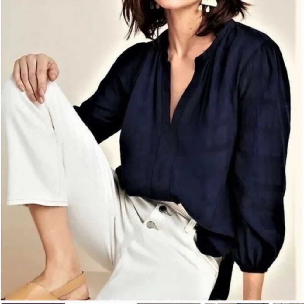 Anthropologie The Odells Textured Grid V Neck Long Sleeve Blouse Navy Blue Large